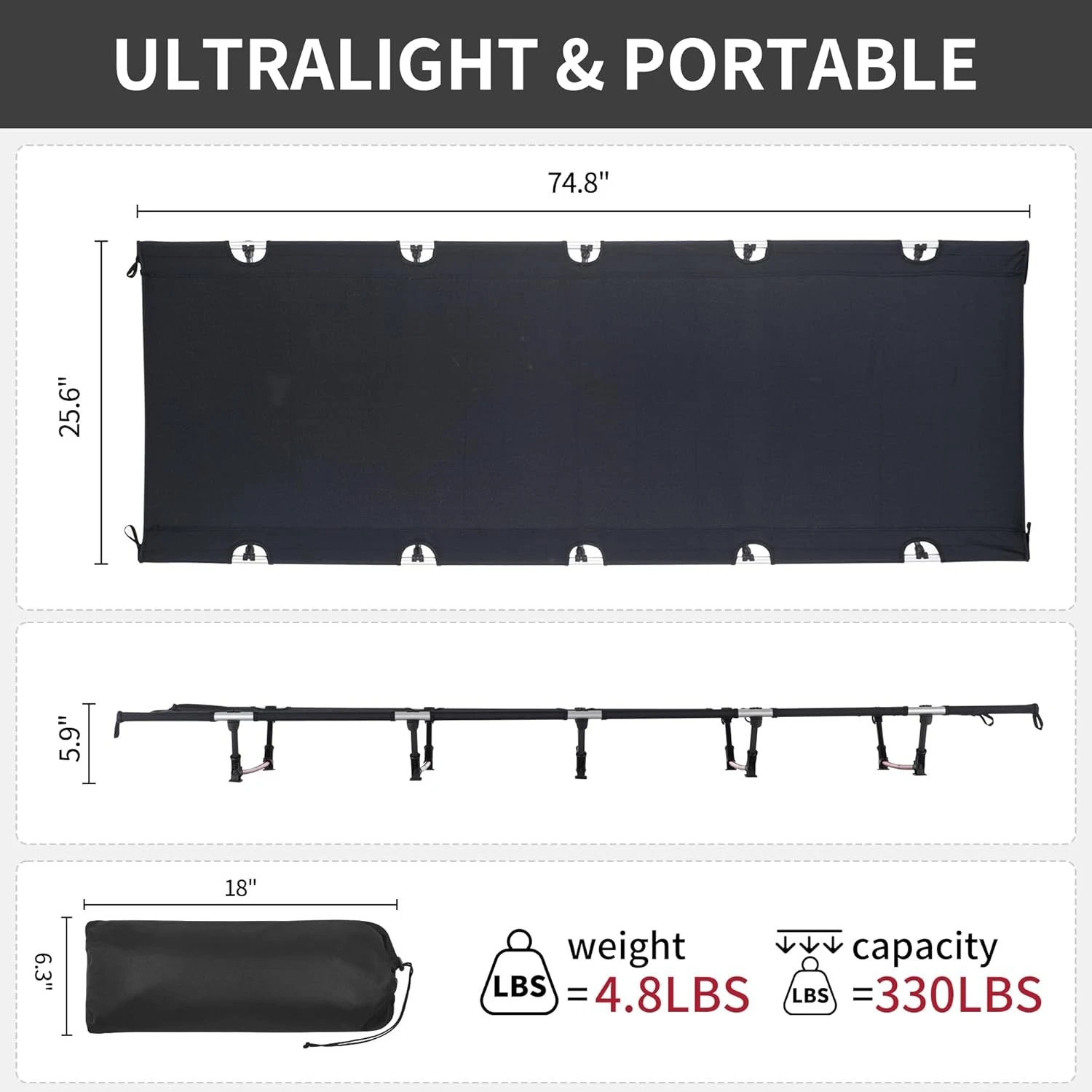 

Кемпинговая кроватка, Сверхлегкая складная походная кроватка, поддерживает 330 фунтов, портативная походная кровать для взрослых