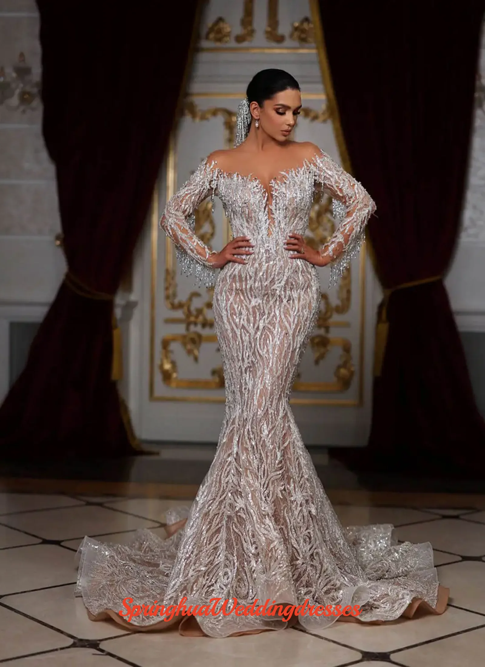 

Customized Illusion Wedding Dresses Mermaid Strapless Beads Sequins Backless Long Sleeve Prom Gown Party Dress Vestidos De Noite