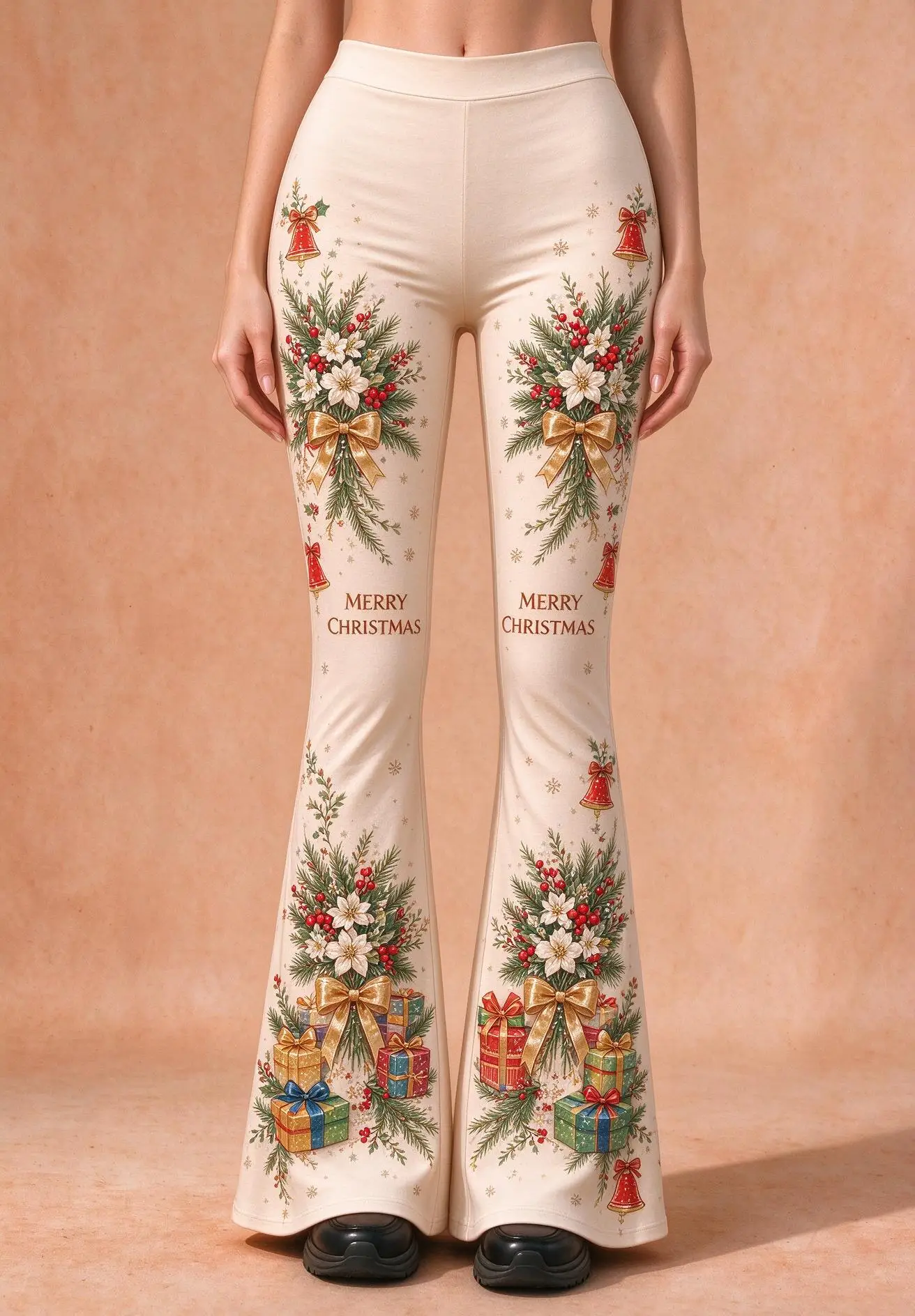 Women Mid Waist Skinny Flare Pants Christmas Gingerbread Man Print Stretch Bell Bottom Trousers
