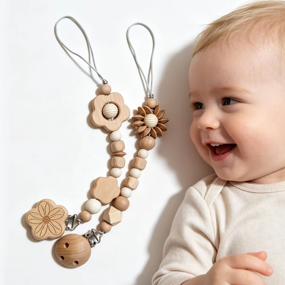 1PCS handmade wooden bead Pacifier Clips Safe Teething Chains Baby Teether Eco-friendly Dummy Beech Clips Holder