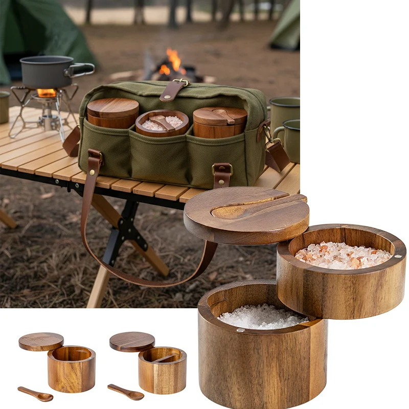

Acacia Wood Salt Box Spice Container Wooden Seasoning Jar Lid Kitchen Storage Canister Pepper Holder outdoor camping Organizer