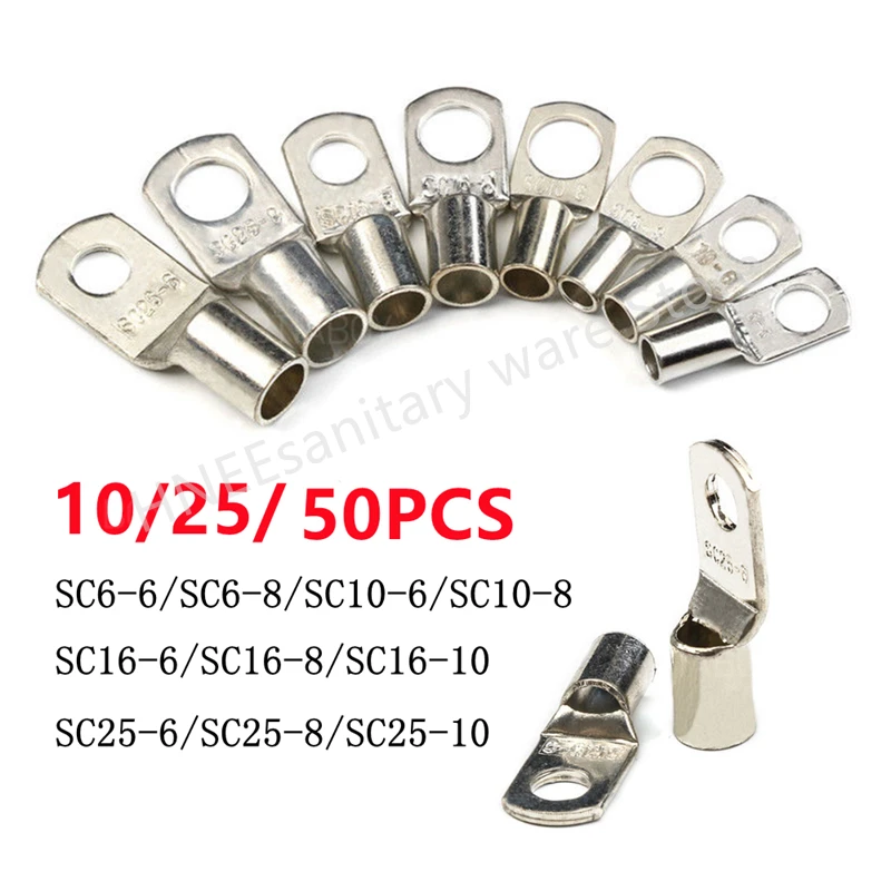 10/25/50Pcs SC Type Wire Nose Terminal SC6 SC10 SC16 SC25 Bare Copper Battery Block Lugs Hole 6mm 8mm 10mm Crimp Cable Connector