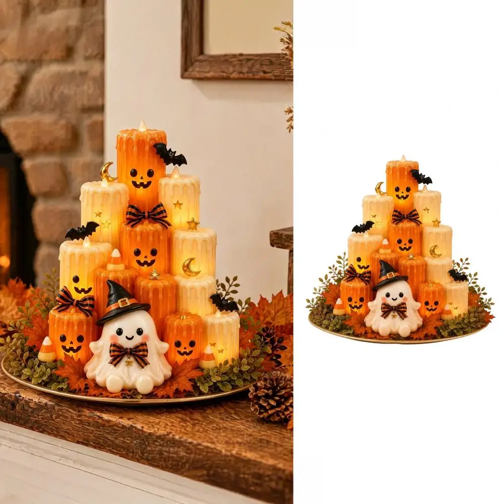 Halloween Flameless Battery Operated LED Flickering Multi-layer Pumpkin Ghost Pillar Candles Dinner Table Decor