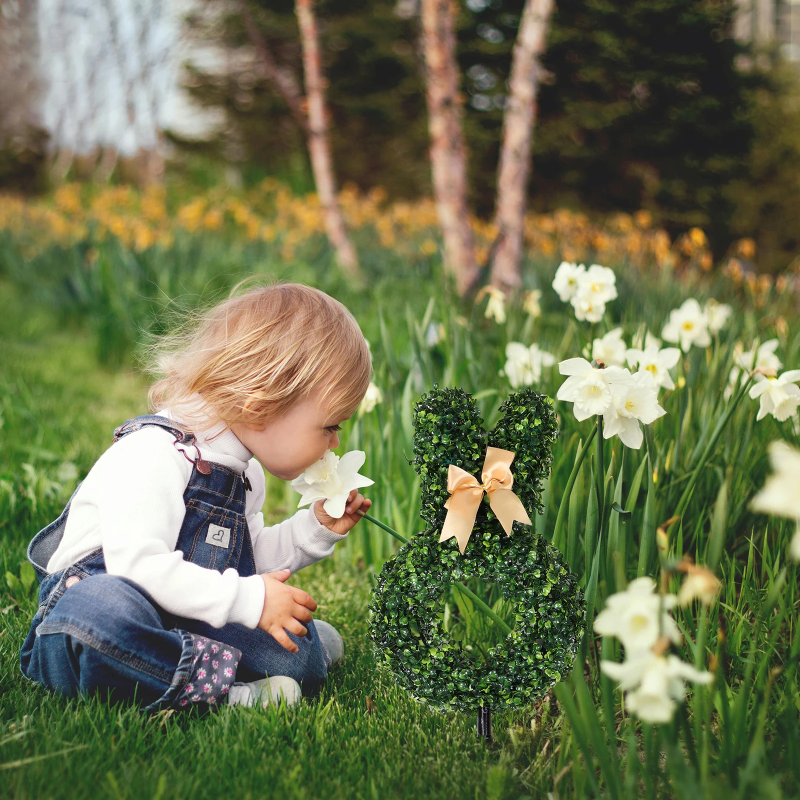 

Easter Bunny Topiary Bow Realistic Artificial Rabbit Plant Simulation Tree Stake Outdoor Indoor Festival Decoration