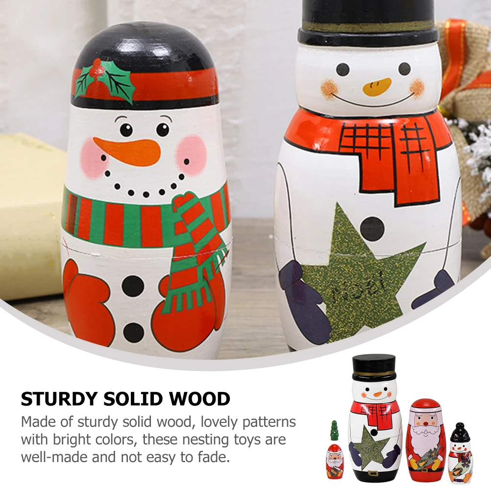 

Wooden Snowman Nesting Christmas Russian Stacking Ornaments for Kids Handmade Solid Wood Red Set Rounded Edges Stackable
