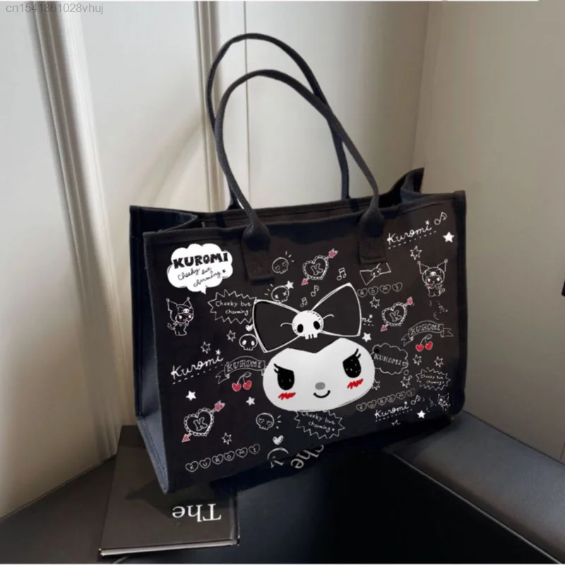 Sanrio Kuromi torba płócienna o dużej pojemności dla kobiet nowa moda wychodząca torba na zakupy damska na jedno ramię czarna torba typu Tote