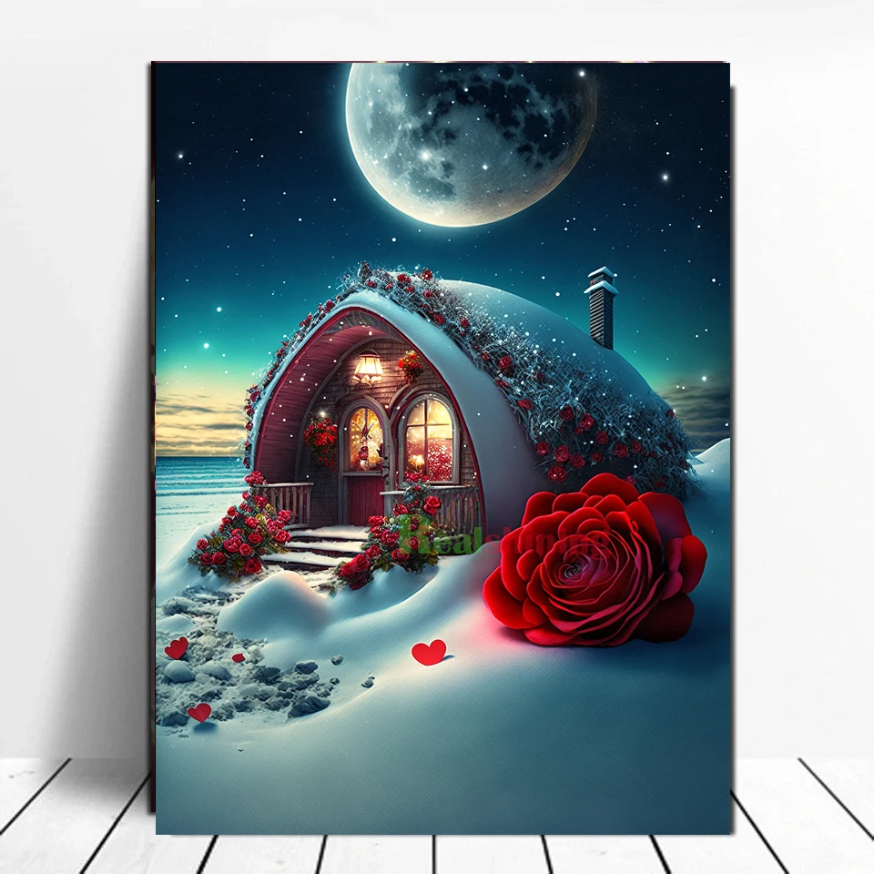 Full Diamond Painting Romantic Rose Flowers Snow House Moon DIY Picture Of Rhinestone 5D Diamond Embroidery Cross Stitch V403