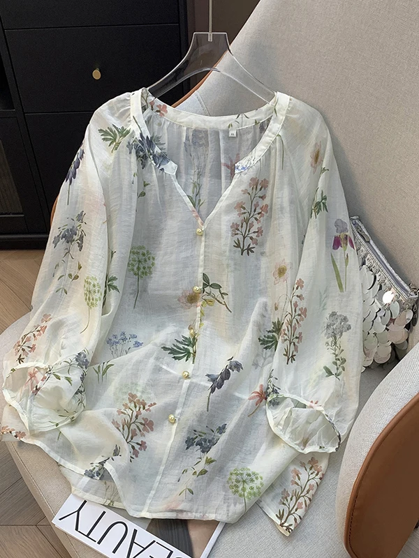 

Lightweight Breathable Floral Print Loose Fit V-Neck Women's Shirt Summer Casual Style Large Size Versatile Comfortable Blouse
