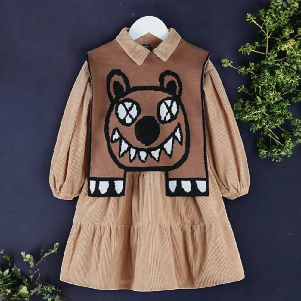 Girls Dresses for Kids Clothes Teenager Autumn Brown Vest & Dress School Uniform Outfits Children Costumes 6 8 10 12 13 14 Years