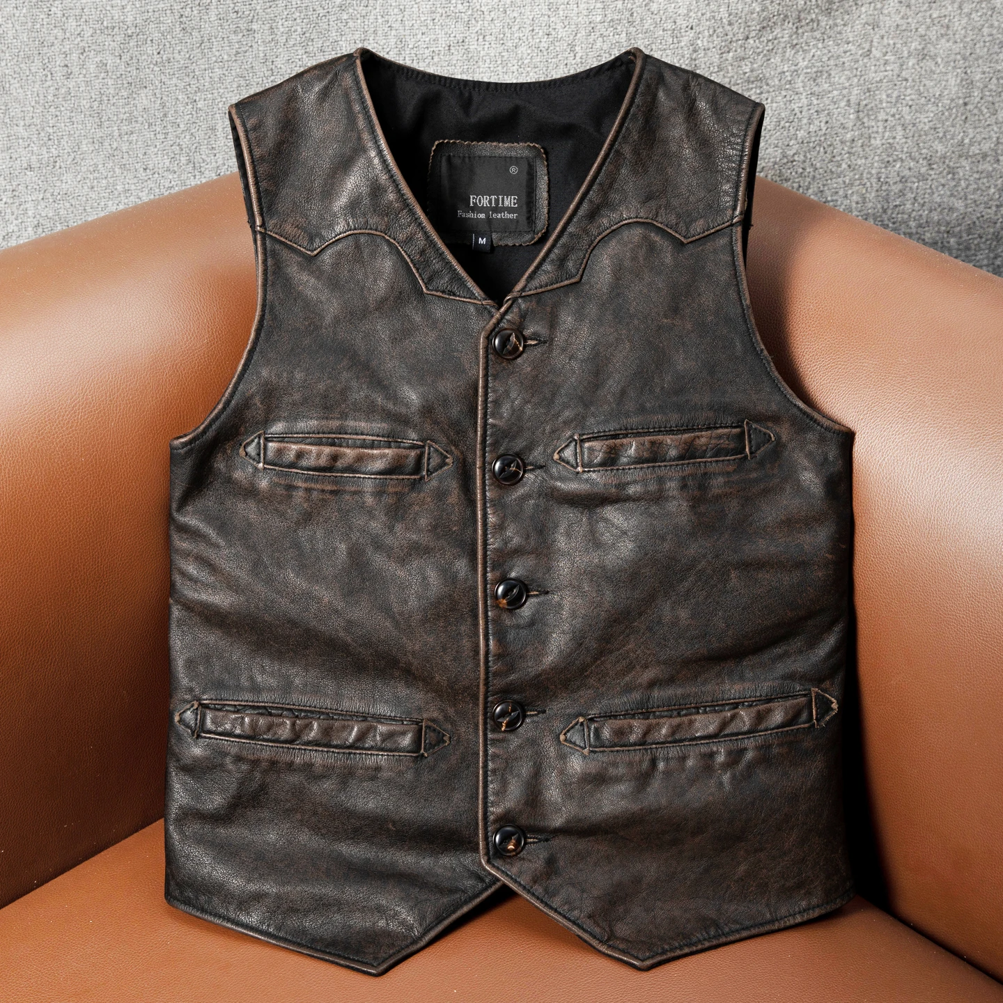 Washed Vintage Leather Vest Men's V-neck Sheepskin Core Top Layer Cowhide Genuine Leather Spring Autumn Style FORTIME