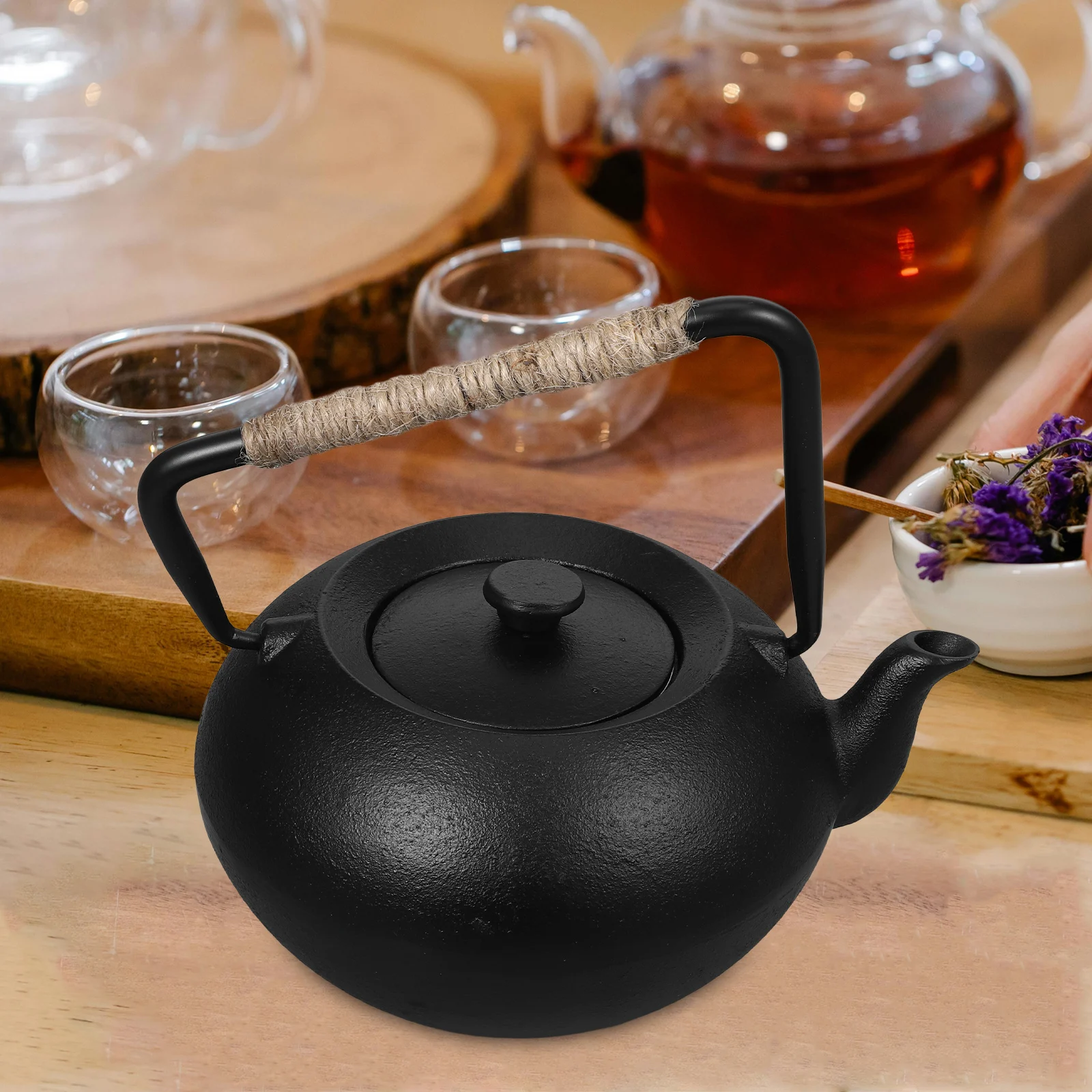 

Cast Iron Teapot 600Ml Japanese Stove Top Use Black Coffee Pot Camping Tea Pot Handle Design Vintage Iron Kettle For