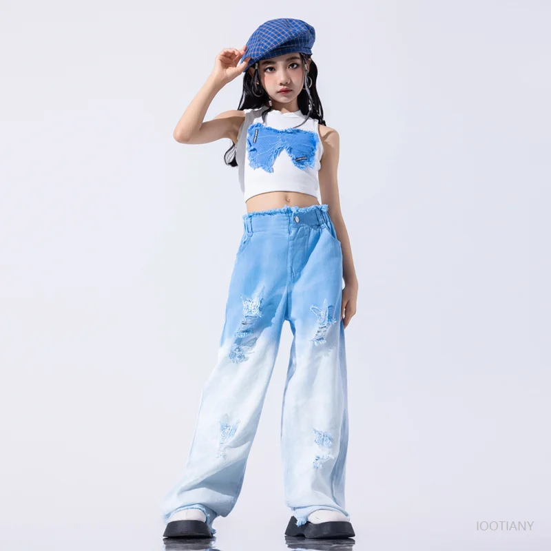 Girls Hip Hop Gradient Butterfly Short Top Hoodie Overalls Children's Street Dance Costume Set Children's Jazz Dance Costume