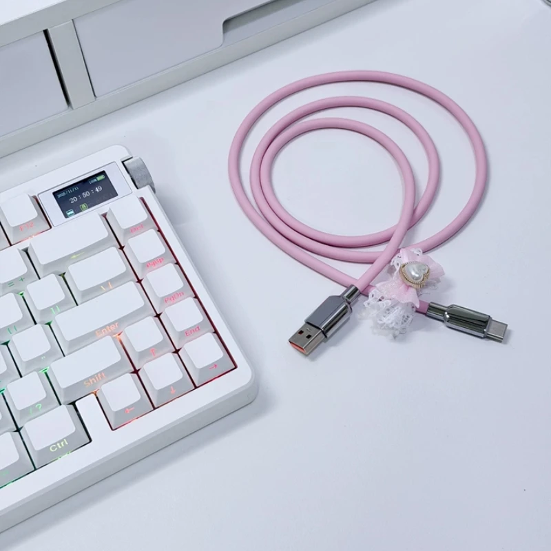 Mechanical Keyboard Aviation Plug Cable Liquid Soft Silicone Gel Data Cable RGB Luminous Pink Keyboard Cable 120w for Gamers