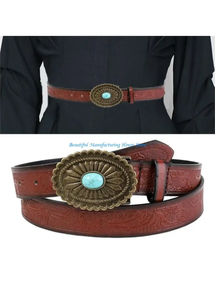 

E56A Elegant Belt Bohemian PU Belt Girl Waiststrap Women Embossed Pattern Waistband