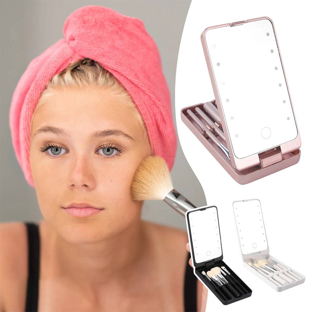 Portable Makeup Mirror With 5 Brushes Storage Box Rotatable LED Touch One-Face Storage Box Foldable Compact Makeup Mirror