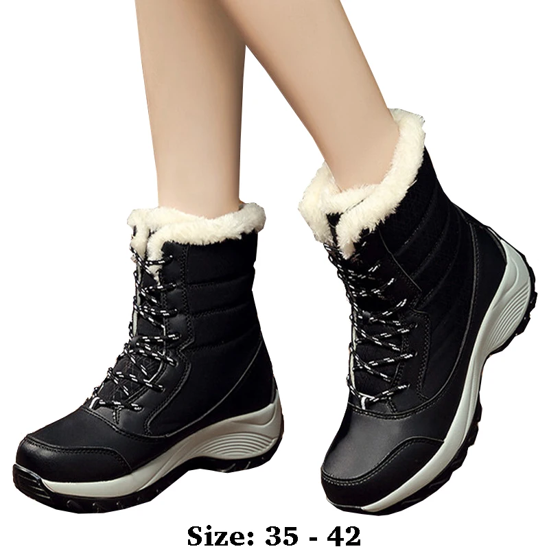 

High quality mid calf leather snow boots for women new 2024 winter size 41 42 outdoor plush warm walking shoe - black beige