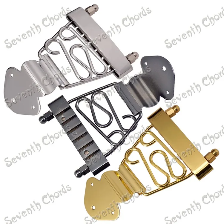 A Set Trapeze Short 6 String Archtop Tailpiece Bridge for Hollow Semi Hollow Guitar with Wired Frame - Chrome - Black - Gold