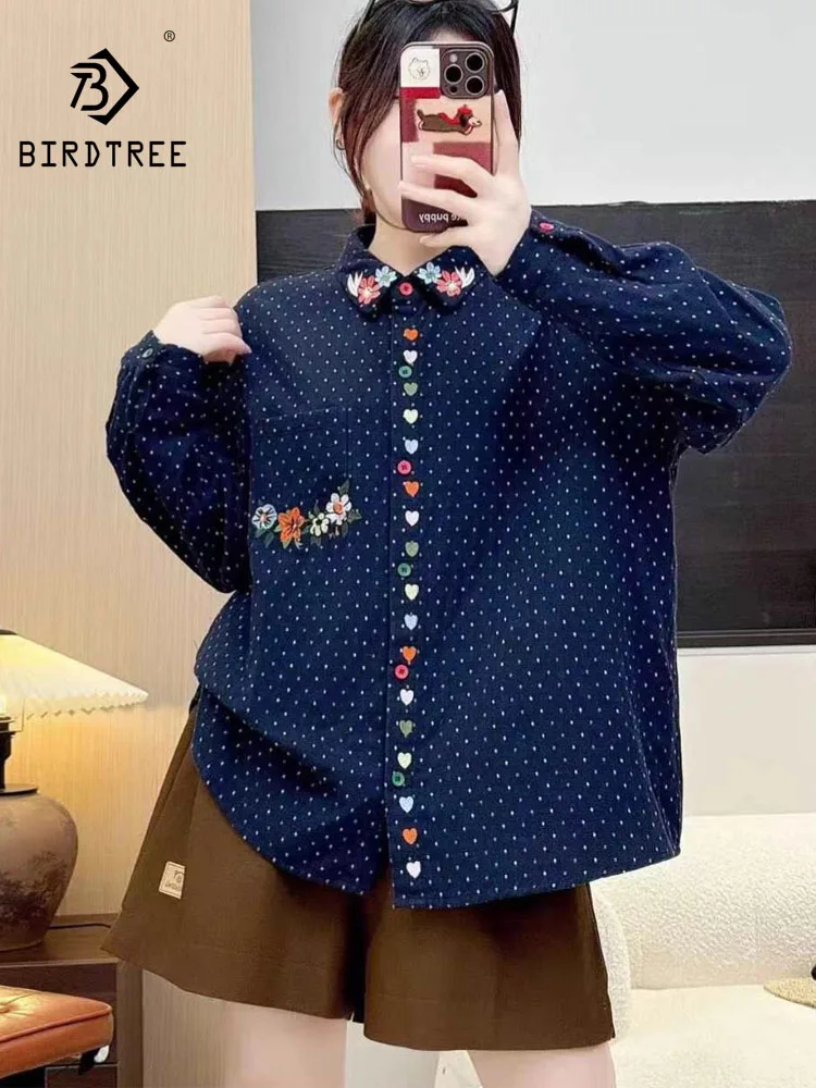

New 2025 Winter Cotton Long Sleeve Brushed Shirt, Women Lapel Embroidery, Mori Girl Age Reduction Chic Dot Loose Blouse T5D316CC