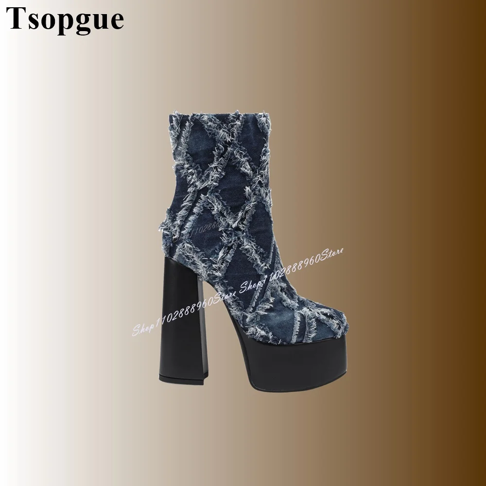 

Western Blue Denim Platform Ankle Boots Chunky High Heel Women Shoes Side Zipper Round Toe 2024 Fashionable Zapatos Para Mujere