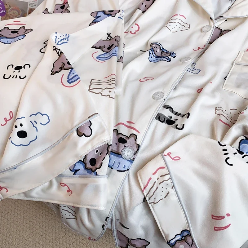 Korean Cartoon Cute Happy Puppy Print Women\'s Pajamas Ins Kawaii Sweet Chic Sleepwear 2024 New Autumn Winter Milk Silk Nightwear