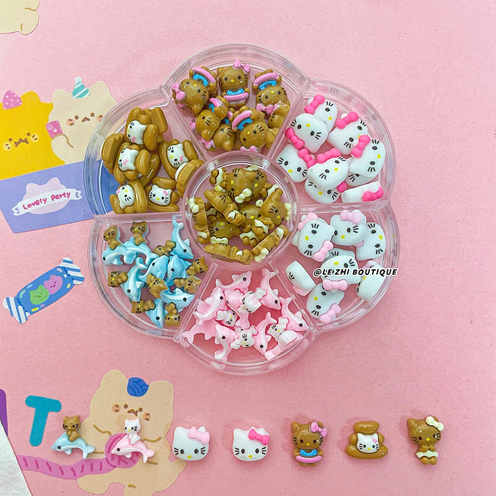 70 Uds. Promoción de ventas Sanrio Color café piel Hello Kitty accesorios de resina para uñas encanto Diy funda de teléfono horquilla adorno artístico para uñas