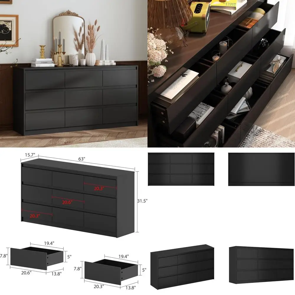 

Комод для спальни с 9 ящиками и большими ручками, отдельно стоящий черный комод, направляющие на шарикоподшипниках, 63Ш x 15.7Г x 31.5В дюймов
