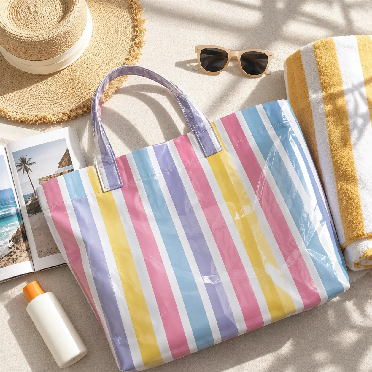 Waterproof Striped PVC Shoulder Tote Bag, Roomy Lightweight Daily Storage Handbag for Everyday Use, Ideal for Daily Use, Holiday image 4