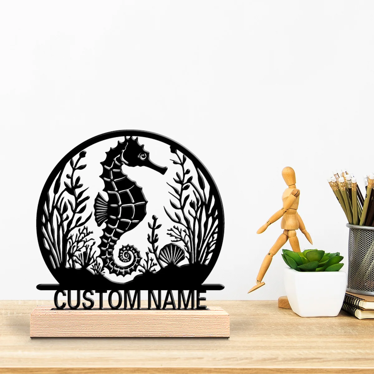 1 قطعة تماثيل معدنية رومانسية مخصصة لفرس البحر قاعدة خشبية بحرية جدار الفن للبحارة وبيوت الشاطئ ووسيد الساحلية