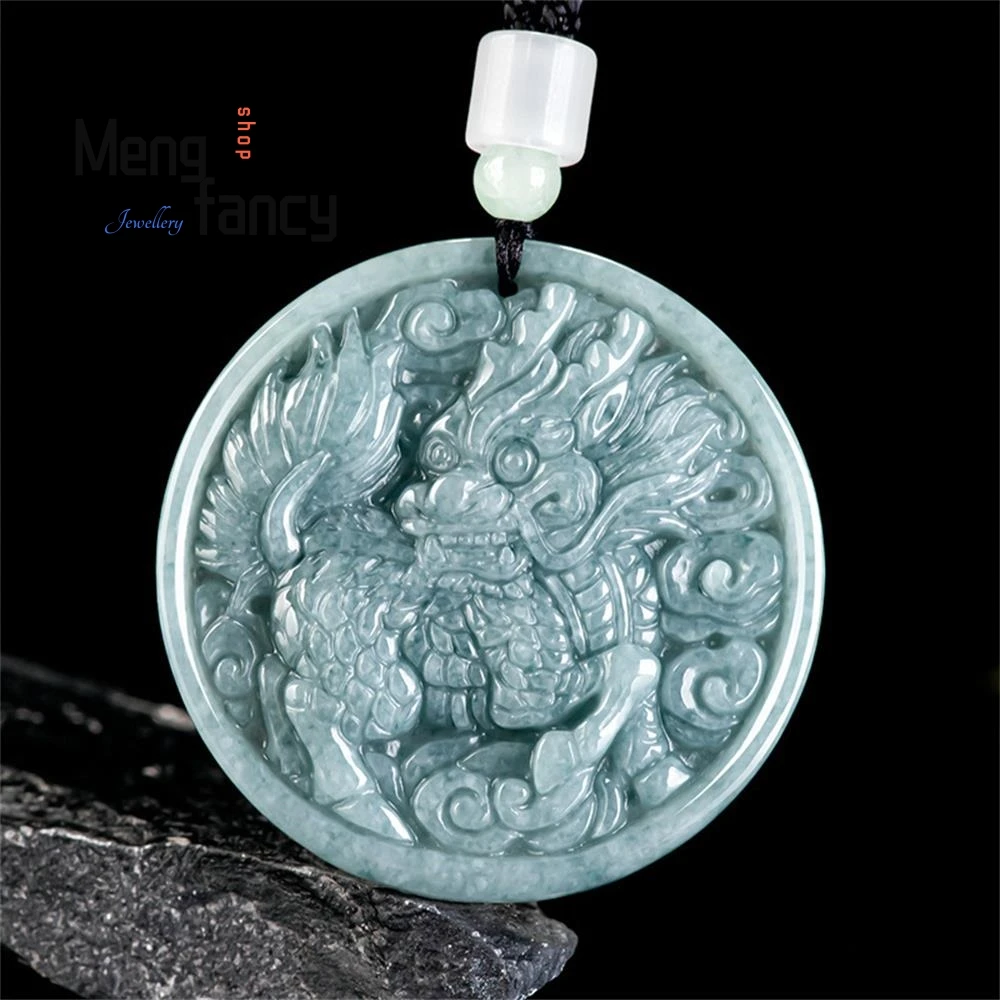 

Natural A-grade Jadeite Blue Water Qilin Ice Type Jade Pendant National Style Mascots Best Selling Holiday Gifts Fashion Jewelry