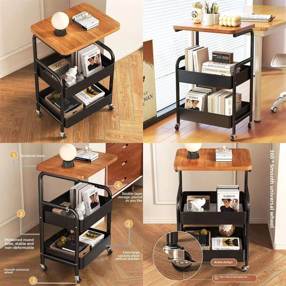 3 Tier Metal Storage Trolley on Wheels with Wooden Table Top Side Table Sofa End Table for Living Room Bathroom Kitchen Laundry