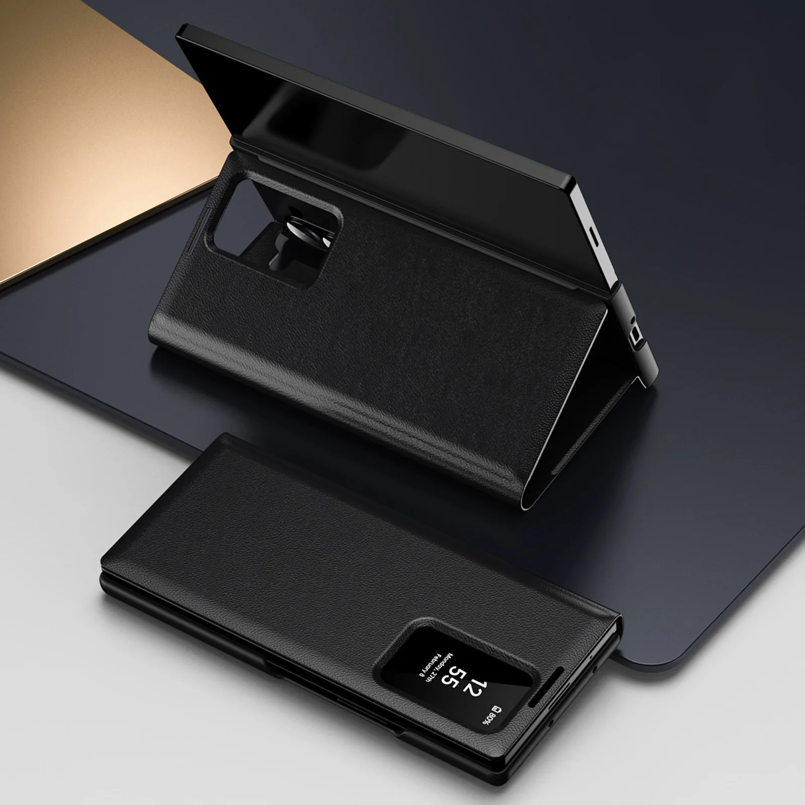 For Samsung Galaxy Z TriFold Genuine Leather Flip Case Smart Window Card Slot RFID Blocking for Professionals Use