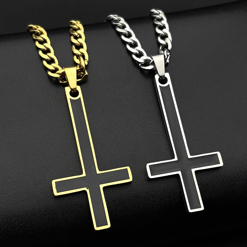 Stainless Steel Upside Down Cross Witchcraft Pagan Necklace for Women Men Inverted Cross Black Enamel Chain Necklace Jewelry