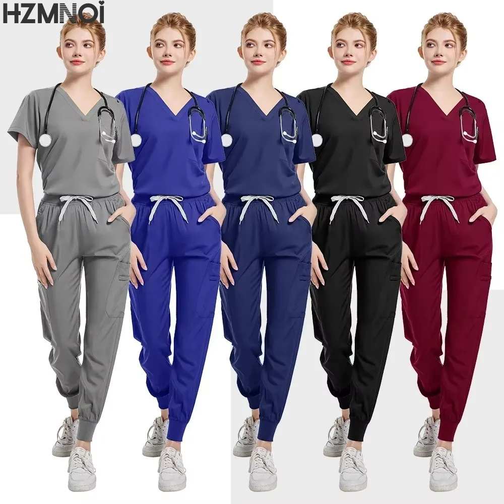 Fashion Black Uniforms Woman Beauty Workwear Medical Scrub Set Doctor Nurse Nursing Clothes Clinical Scrubs Top Pants Sets S-XXL