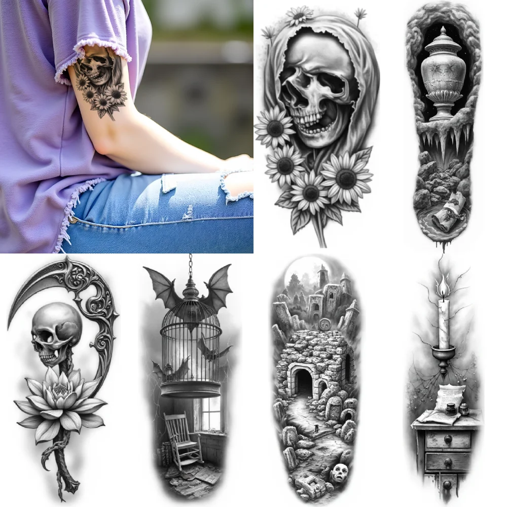 

3pcs Temporary Tattoo Ruins With Skull Waterproof Long-lasting Body Stickers Candle And Drawer Urn With Icicles For Adults