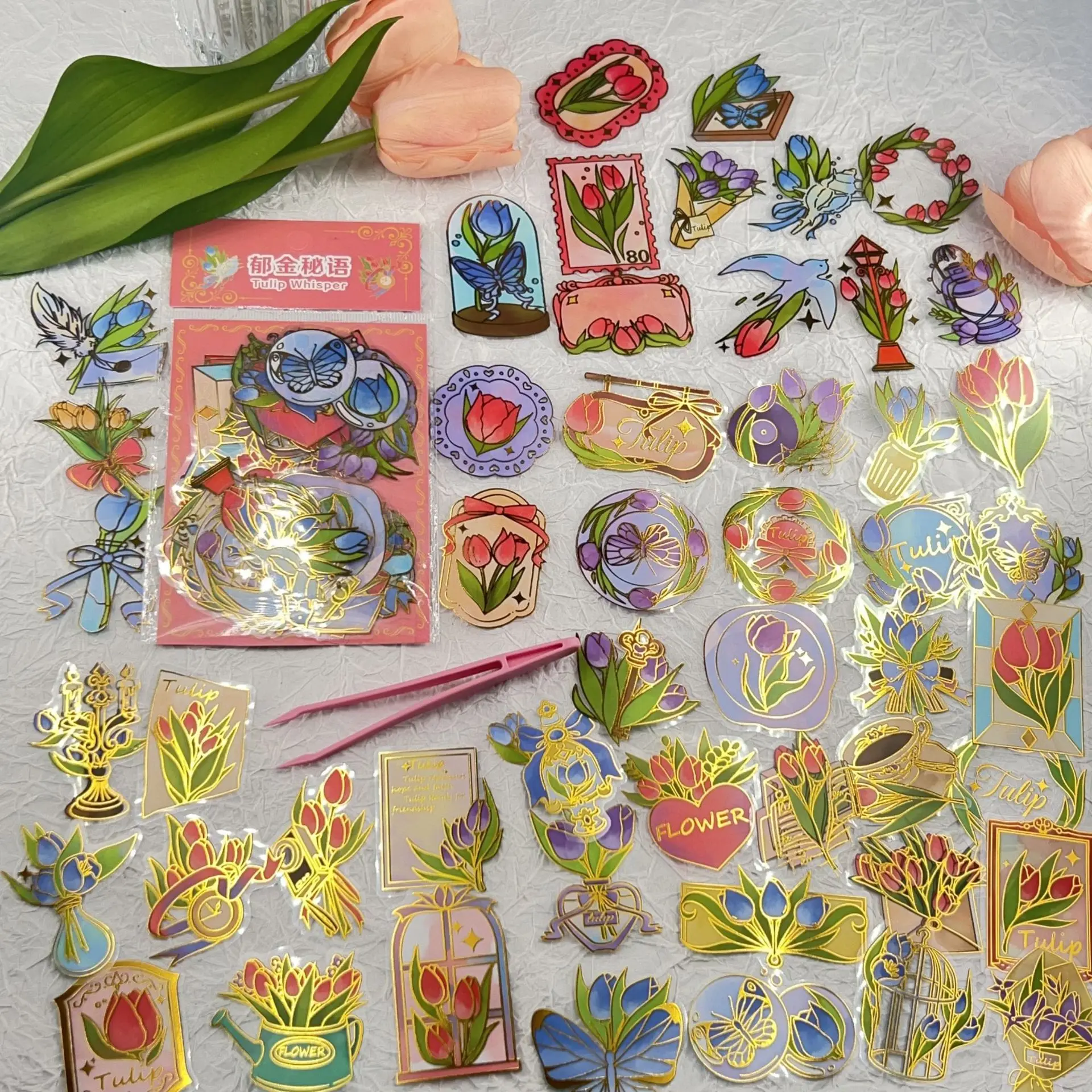 

50PCS Hot Stamped Colorful Tulip Sticker Pack Waterproof Transparent PET Hand Account Decorative Guitar