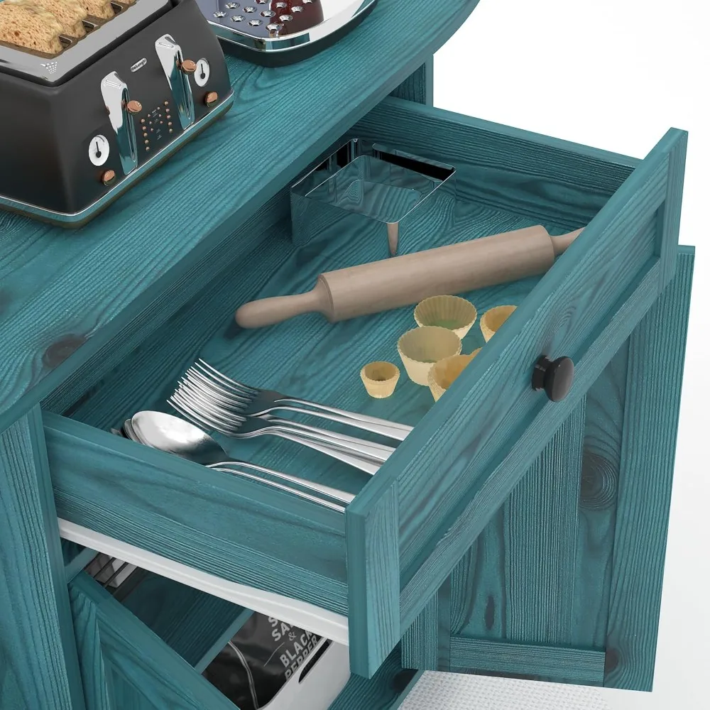 خزانة بوفيه جانبية مع مخرج طاقة، خزانة مطبخ قائمة بذاتها مع مساحة تخزين، بار قهوة مميز مع أبواب، أزرق عتيق