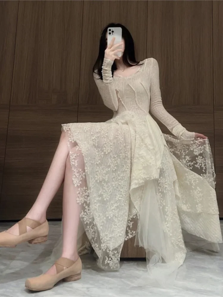 French Elegant Women\'s Vintage Dress 2022 Autumn Winter New Irregular Lace Splicing Evening Long Bridesmaid Party Dress