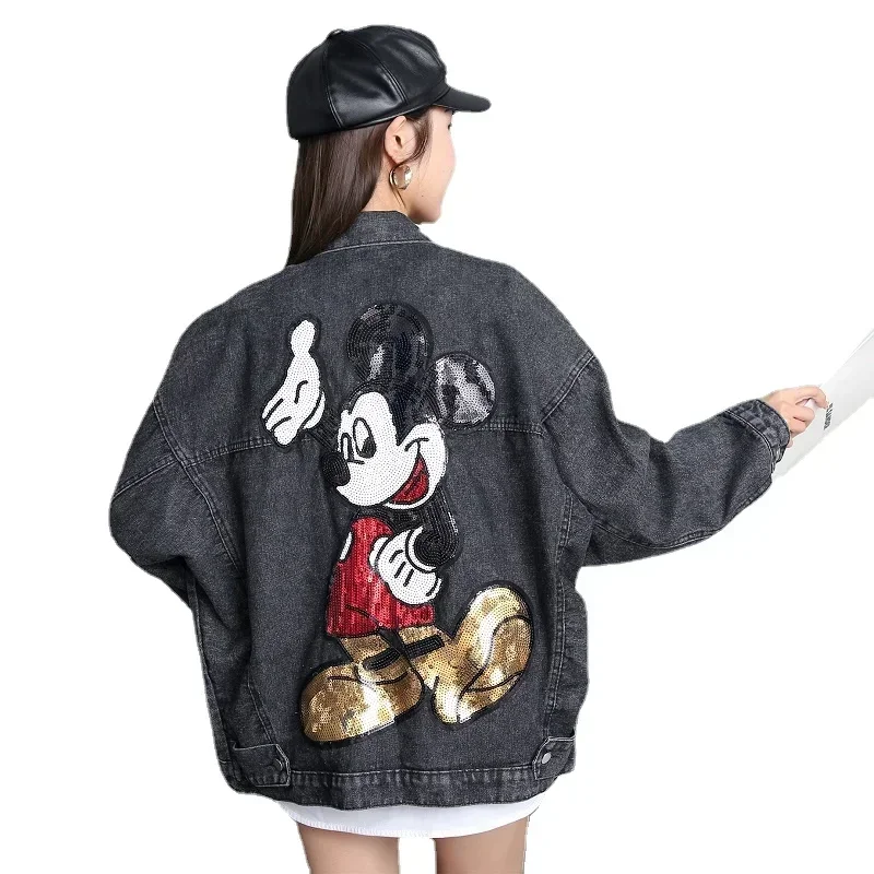 2022 Spring Autumn Long Sleeve Embroidered Sequin Cartoon Oversized Denim Jacket Women Loose Mid-Length Fashionable Jeans Coat