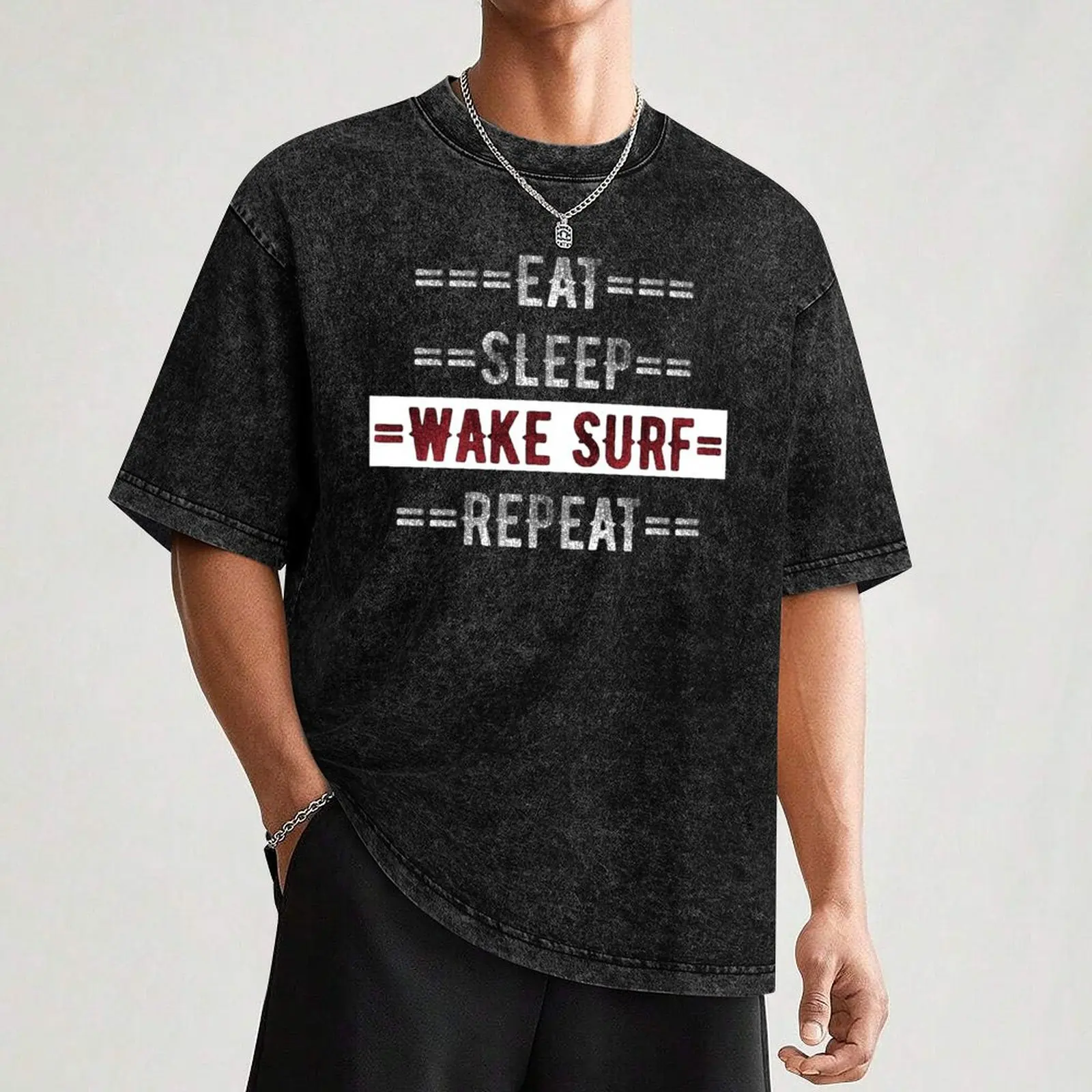 Gift for Wakesurfers Eat Sleep Wake Surf Repeat T-Shirt Simple Solid Color Crew Neck Tee
