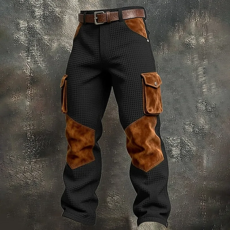 Jeans casuales nuevos de otoño rectos holgados para hombre vintage color contraste textura waffle moda patchwork 6