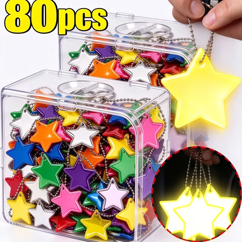 Colorful Reflective Star Pendant Safety Y2K DIY Creative Keychain Backpack Hanging Charm Warning Reflector Key Tag Bead Chain