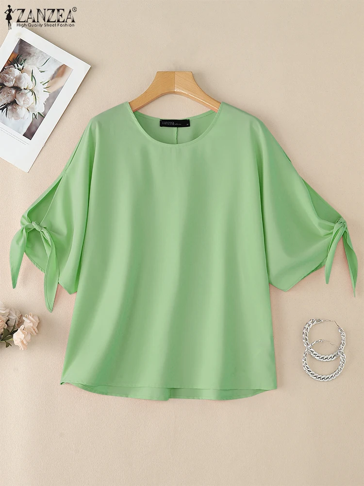 

ZANZEA Women Streetwear Fashion Blouses 2025 Summer Elegant Round Neck Tied Cutout Puff Sleeve Blusas Mujer Solid Color Tops