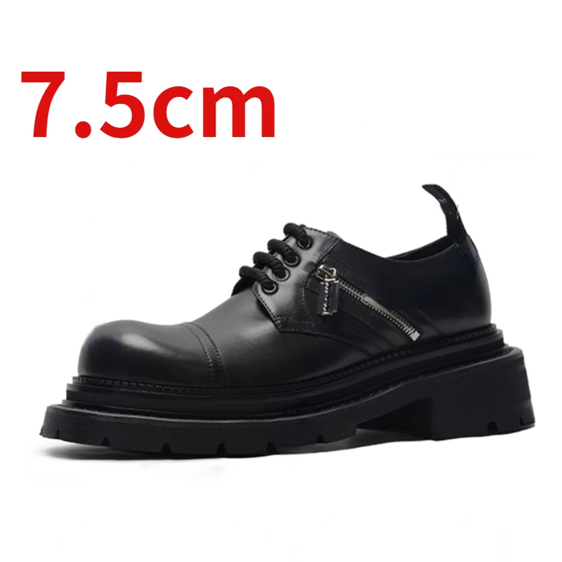 

Genuine Leather Hand Sewn Increasing Derby Shoes for Men's Increased 7cm Zipper Design Casual Design Thick Bottom Elevated Shoes