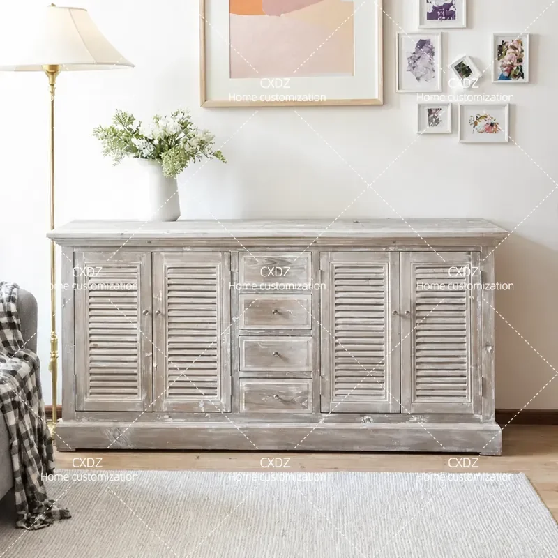 Retro Solid Wood Dining Side Cabinet with Louvered Doors Small Apartment Living Room Storage Locker for Household Use