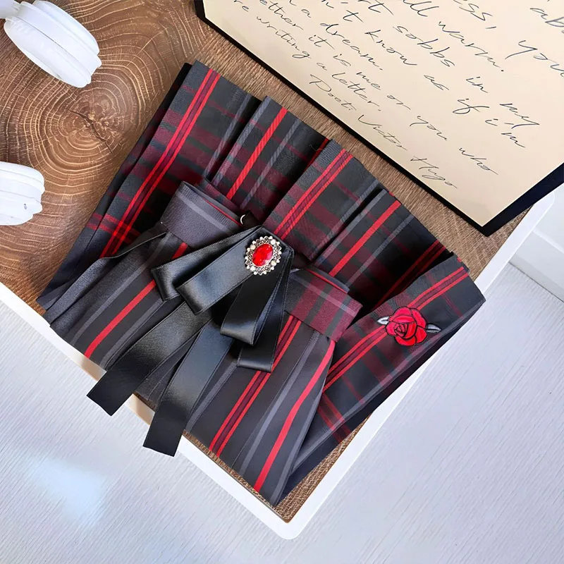 Rose Embroidery Plaid Mini Skirt Women Summer Japanese School Pleated Skirt High Waist Kawaii Cute Plaid Skirt Uniform Harajukur