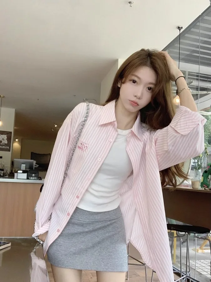 

Casual Loose Women's Stripe Shirt Jacket Spring Autumn New Style Versatile Open Cardigan Top Fashion Recommendation Embroider...