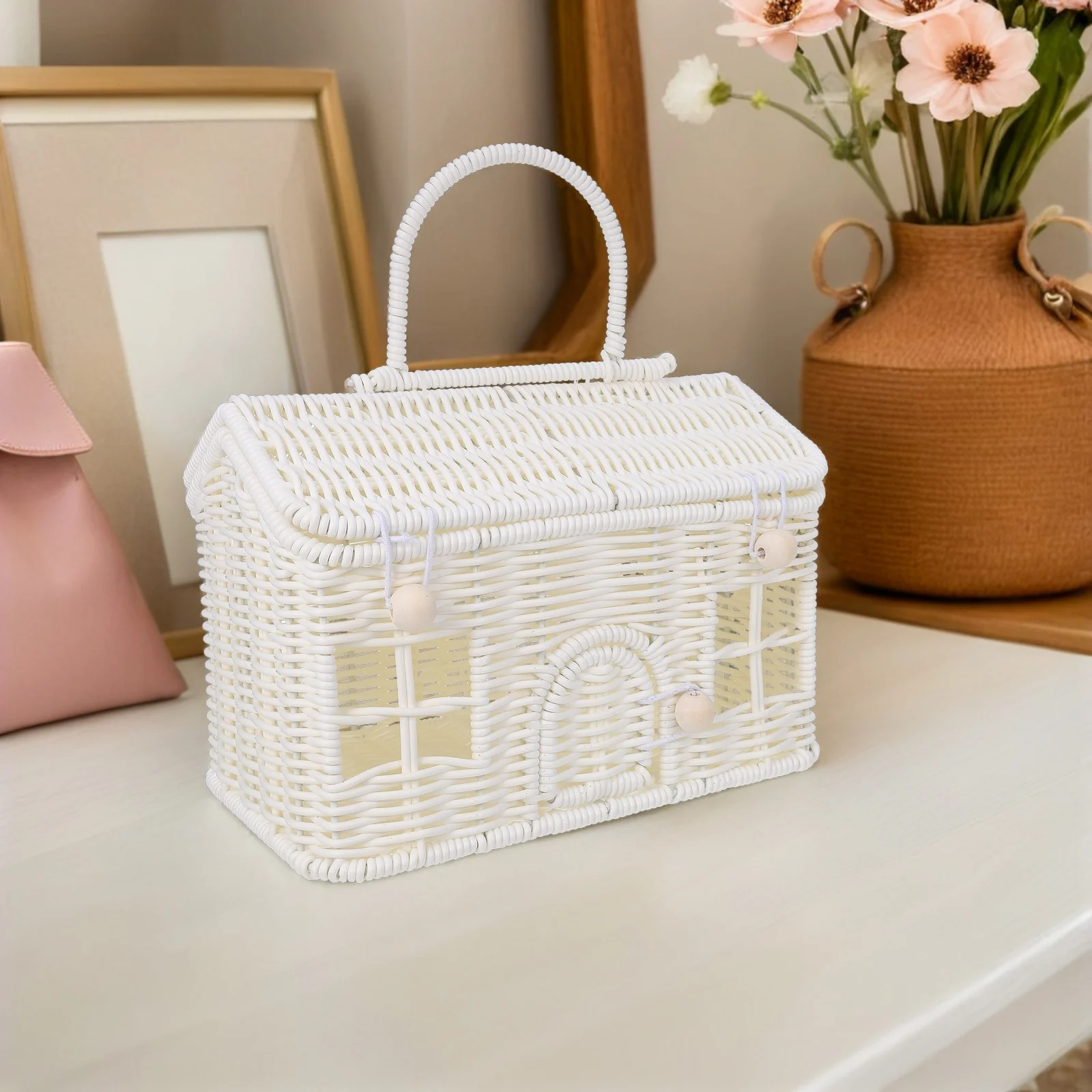 

Rattan Picnic Basket Handwoven Storage House Shaped Wedding Favor Imitation Baby Shower Present Boxes Toy Christmas Party