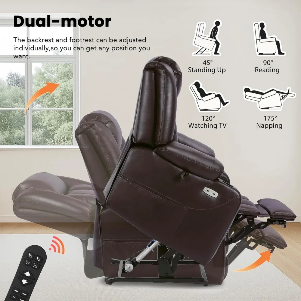 كرسي كرسي رفع كهربائي كبير الحجم بمحرك مزدوج لكبار السن، كرسي من الجلد الصناعي عالي التحمل بوزن 400 رطل مع تدليك وحرارة، #4