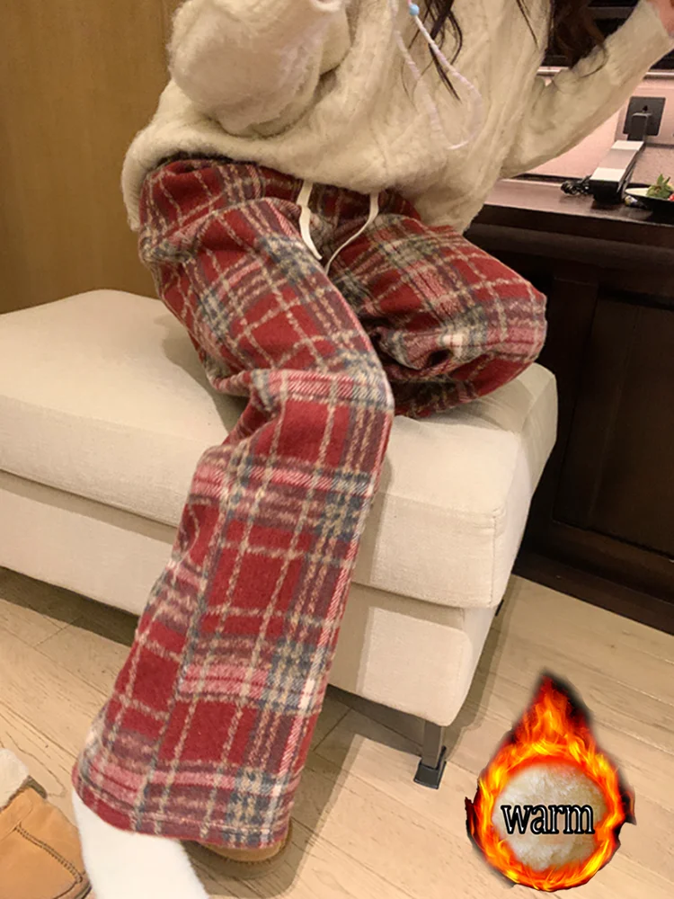 المرأة الخريف والشتاء الصوف الثقيل منقوشة السراويل نمط جديد الصوف مبطن سميكة عارضة الرياضة مستقيم الساق السراويل