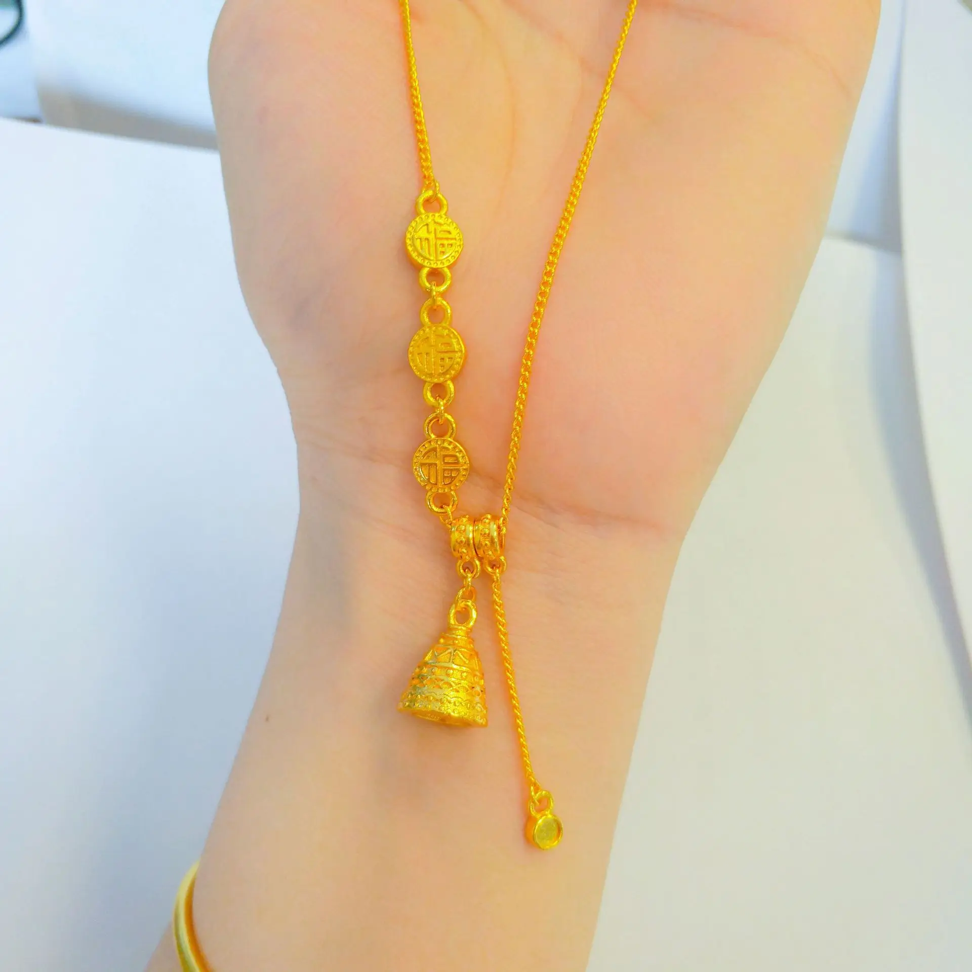 

Women's 24K Gold Wishing Tower Necklace | Double - layer carved tower, enamel gradient, tasseled gold, delicate & dreamy